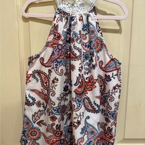 SHEIN White Paisley Halter Neck Blouse with Lace Trim